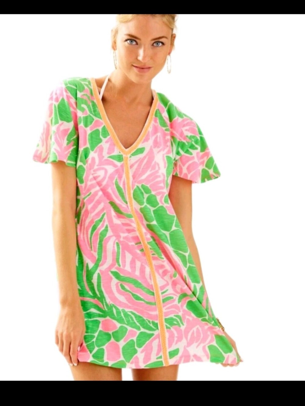 Lilly Pulitzer Tiki Pink Green White Sneaky Tiki Bonita Cover Up Tunic Dress S